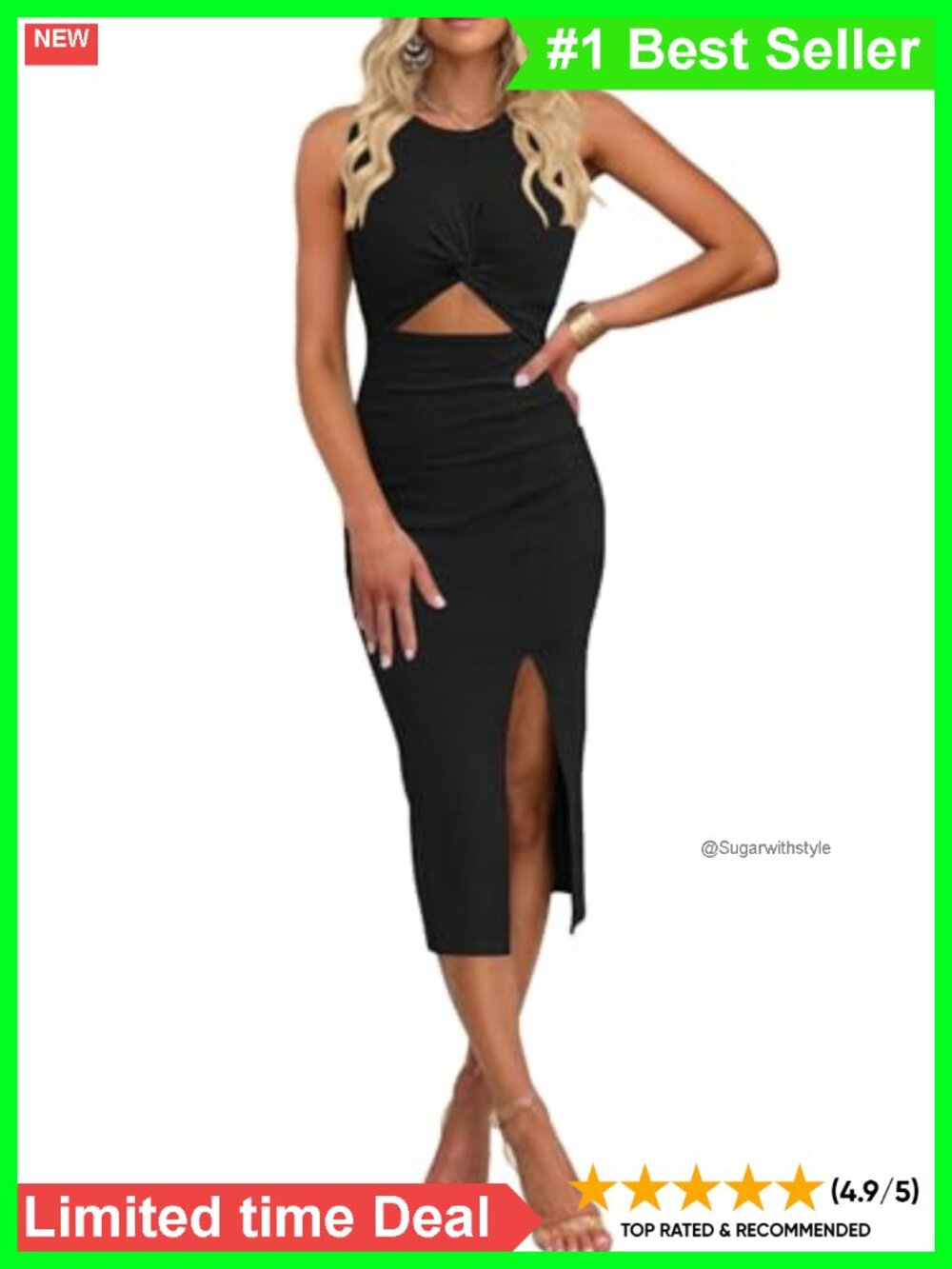 Sleeveless Cutout Twist Front Side Slit Midi Dress Bodycon Rib Knit